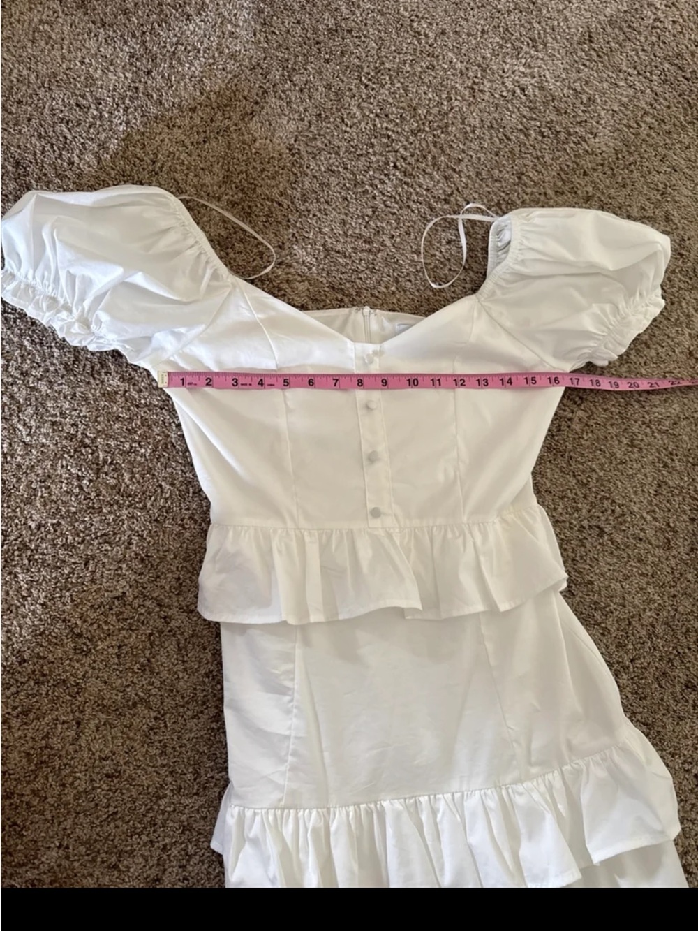 FLAT WHITE Ruffle Tiered Puff Sleeve Dress in White size Small - Picture 10 of 12